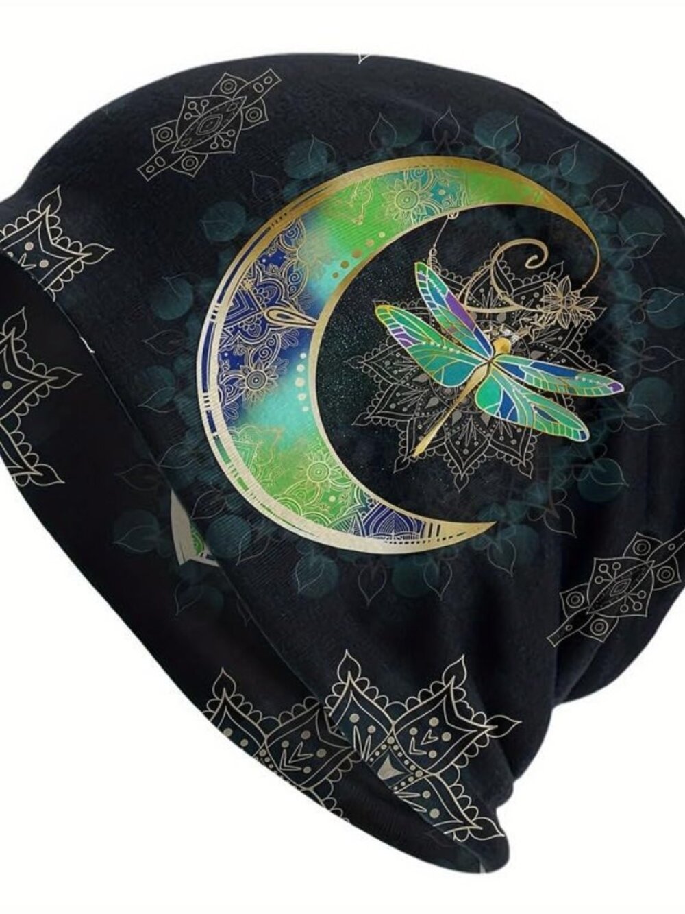 Women's Dragonfly Moon Slouchy Beanie Lightweight Boho Mandala Skull Cap